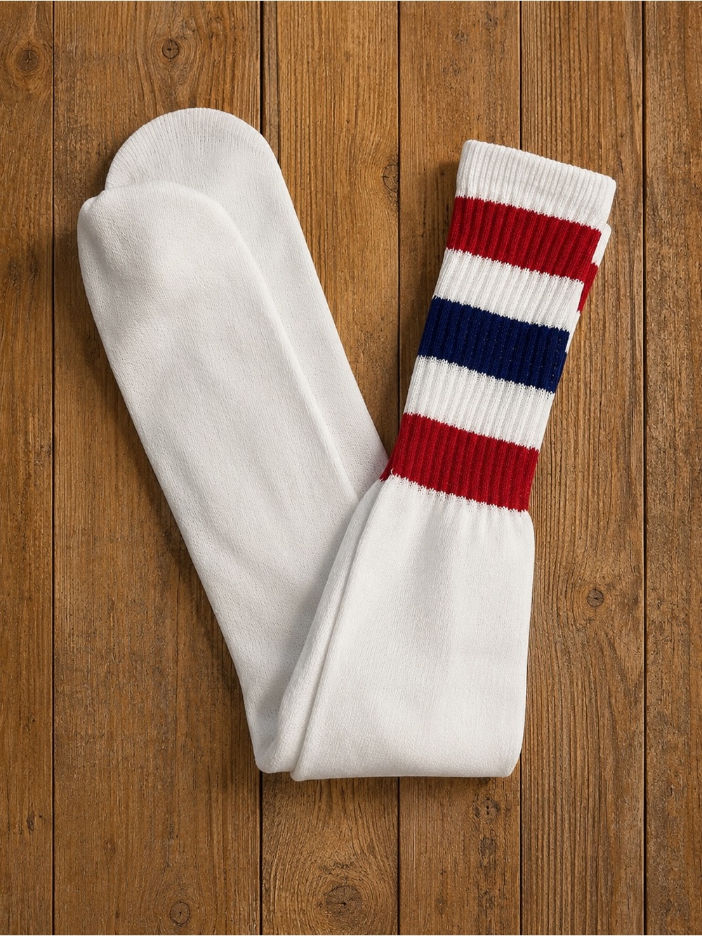 White Crew Socks with Red & Blue Striped Cuff